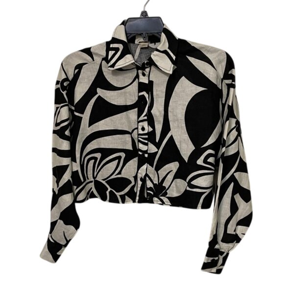 Magaschoni Black & White Floral Linen Cropped Jacket Top Womens Size Small Boxy - Picture 1 of 9
